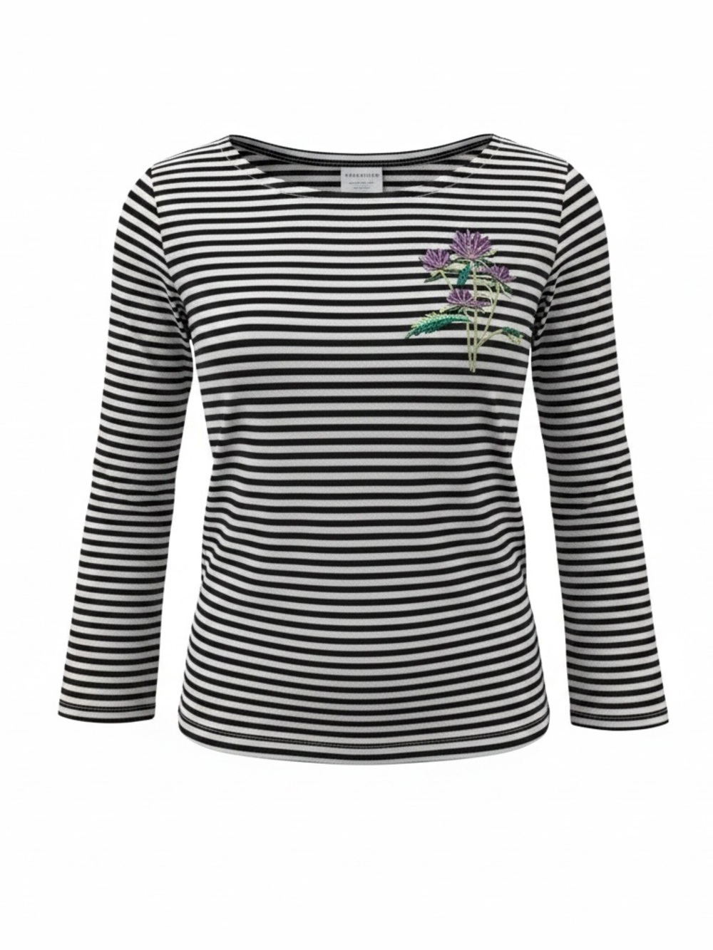 Talbots Striped Black & White Tee with Purple Floral Embroidery